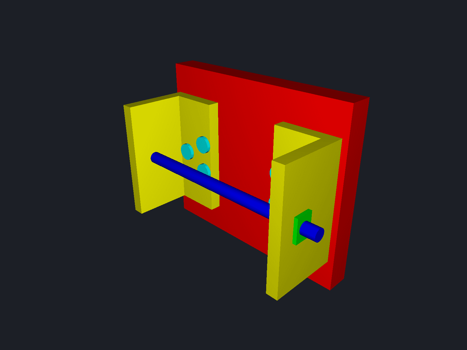 A STEP assembly loaded by StepKit — coloured parts (plate, brackets, rod, bolts, nut) placed at their assembly transforms and rendered with Metal.